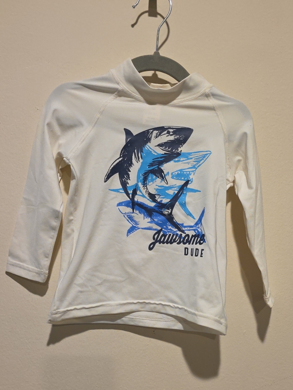 Kids Cream Rash Guard with Blue Shark Graphic - Jawsome Dude 18m